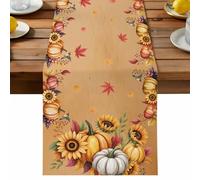 Fall Pumpkin Table Runner, Sunflower Red Maple Leaf Bird Harvest Cotton and Table Linen Runner for Kitchen Dining Home Decor for Party Festival Holiday Decoration Gift 13x90in