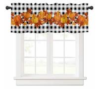 Fall Pumpkin Thermal Insulated Window Valances with Rod Pocket - Thanksgiving Maple Leaf Black White Buffalo Plaid Printed Curtains for Bedroom Living Room, Farmhouse Decor Tier Drapes 54"x18"