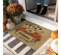 Fall Pumpkin Welcome Doormat, Orange Floral Door Mat for Indoor & Outdoor Entryway Harvest Decor, Rubber Waterproof Non-Slip Dust Absorbent Front Mats, Easy Clean 29x17 Inch