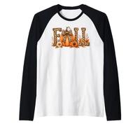 Fall Pumpkin with Leopard Spot Bow and Autumn Sunflowers Raglan Baseball Tee