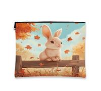 Fall Rabbit Bunny Makeup Bag 7x9 Inch for Travel Pouch, Cartoon Autumn Fence Maple Leaf Toiletry Cosmetic Pouch for Women, Country Farm Portable Canvas Zipper Organizer