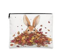Fall Rabbit Bunny Makeup Bag 7x9 Inch for Travel Purse, Cute Autumn Maple Leaf Pattern Cosmetic Pouch for Women, Country Farm Portable Canvas Zipper Organizer