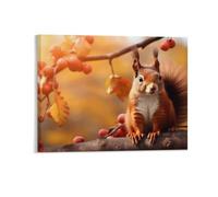 Fall Red Berries Wall Decor Poster, Squirrel on Apples Tree Branch Framed Canvas Wall Art for Bathroom Kid's Room, Funny Autumn Forest Artworks, Thanks Giving Gifts, 20x25CM