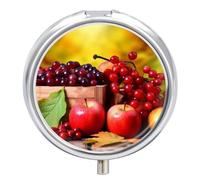 Fall Red Leaves and Fruits Pill Box for Pocket Round Pill Box 3 Compartment Decorative Portable Travel Pill Holder Tablet Vitamin Organizer Mini Pill Case