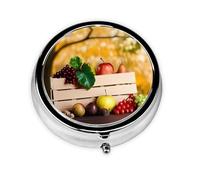 Fall Red Leaves and Fruits Round Pill Box - Full Print Design, Metal Electroplated Compact Medicine Case for Travel, Fits Pockets & Wallets