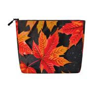 Fall Red Leaves Print Portable Travel Cosmetic Makeup Pouch Bag Single layer Makeup Organizer Zipper Pouch, Black, One Size, Black, One Size
