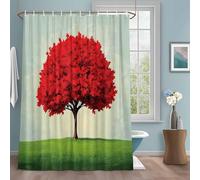 Fall Red Maple Shower Curtain with 12 Hooks Watercolor Red Tree Leaf Green Plant Grass Blue Sky Waterproof Fabric Shower Curtains Sets for Bathroom Bath Decorations, Machine Washable, 36"x72"