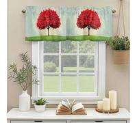 Fall Red Maple Valances for Windows, Watercolor Red Tree Leaf Green Plant Grass Blue Sky Rod Pocket Valance Short Window Treatments Curtains for Kitchen Bathroom Bedroom Decor, 60 x 14 Inches