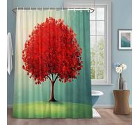 Fall Red Tree Shower Curtain with 12 Hooks Watercolor Red Tree Leaf Gradient Green Plant Grass Sky Waterproof Fabric Shower Curtains Sets for Bathroom Bath Decorations, Machine Washable, 48"x72"