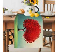 Fall Red Tree Table Runner 18x72 Inches Long Watercolor Red Tree Leaf Gradient Green Plant Grass Sky Cotton Linen Table Runner Burlap Style for Dinner Table Party Decor Tabletop Decorations