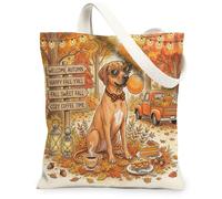 Fall Rhodesian Ridgeback Dog Canvas Tote Bag for Shopping 13x15, Autumn Camping Truck Scenic Reusable Grocery Print Bag for Women, Holiday Beach Aesthetic Painting Gift Decor