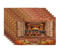 Fall Rottweilers Dog Placemats Set of 6, 12x18 Inch, Autumn Farmhouse Window 6Pcs Soft Table Mats for Dinning, Rustic Country Pattern Holiday Home Kitchen Decor