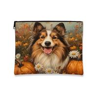 Fall Rough Collie Dog Makeup Bag 7x9 Inch for Travel Pouch, Country Autumn Pumpkin Toiletry Cosmetic Pouch for Women, Oil Painting Fields Portable Canvas Zipper Organizer