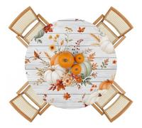 Fall Round Fitted Table Cover Waterproof Aesthetic Thanksgiving Watercolor Pumpkins Rustic Wood Board Elastic Edged Tablecloth Wipeable Oil Proof Table Cloth for Kitchen Indoor Outdoor, Fits 36"-44"