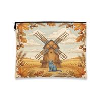 Fall Russian Blue Cats Makeup Bag, Holiday Vintage Windmill Cosmetic Travel Pouch for Women, Portable Small Canvas Zipper Organizer, Autumn Toiletry Bag 7x9 Inch