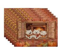 Fall Samoyeds Dog Placemats Set of 6, 12x18 Inch, Autumn Farmhouse Window 6Pcs Table Mats for Dinning, Rustic Country Holiday Home Kitchen Decor
