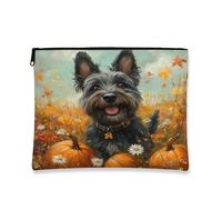 Fall Scottish Terrier Dog Makeup Bag 7x9 Inch for Travel Pouch, Country Autumn Pumpkin Toiletry Cosmetic Pouch for Women, Oil Painting Fields Portable Canvas Zipper Organizer
