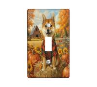 Fall Shiba Inu Dog Decorative Light Switch Cover Wall Plate 1 Gang Single Toggle, Autumn Farmhouse Pumpkin Electrical Faceplate for Kitchen Bathroom, Puppy Switchcover Decor