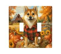 Fall Shiba Inu Dog Decorative Light Switch Cover Wall Plate 2 Gang Double Toggle, Autumn Farmhouse Pumpkin Electrical Faceplate for Kitchen Bathroom, Puppy Switchcover Decor