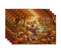 Fall Shiba Inu Dog Placemats Set of 4, 12''x18'', Holiday Funny Forest 4Pcs Washable Table Mats for Home Dinning, Autumn Holiday Party Kitchen Decoration