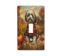 Fall Shih Tzu Dog Decorative Light Switch Cover Plate 1 Gang Single Toggle, Autumn Farmhouse Pumpkin Electrical Faceplate for Kitchen Bathroom, Puppy Switchcover Decor