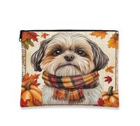 Fall Shih Tzu Dog Makeup Bag 7''x9'' for Travel Pouch, Vintage Autumn Maple Leaf Pumpkin Print Cosmetic Pouch for Women Gift, Farmhouse Portable Canvas Zipper Organizer