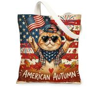 Fall Short-haired Cats Canvas Tote Bag for Shopping 13 * 15, Cute Funny Patriotic Reusable Grocery Bag for Women, Autumn Work Travel Painting Gift Decor