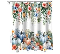 Fall Shower Curtain Pumpkin Palm Leaves Bathroom Curtains with Hooks, Waterproof Fabric Coastal Tropical Pineapple Flower Harvest Thanksgiving Shower Curtains Set for Bathroom Bathtubs 72x72 Inch