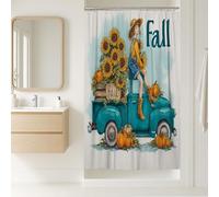 Fall Shower Curtain, Vintage Blue Truck with Sunflowers and Pumpkins Bathroom Decor, Autumn Harvest Rustic Chic Waterproof Fabric Shower Curtain with Hooks 36x72 Inch