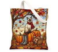 Fall Siamese Cat Canvas Tote Bag for Shopping 13 * 15 Inch, Stained Glass Autumn Pumpkin Reusable Grocery Bag for Women, Harvest Aesthetic Pattern Gift Decor