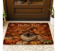 Fall Siamese Cat Gnome Pattern Black Door Mat Outside Inside Entrance 29x17 Inch, Autumn Pumpkin Maple Leaf Outdoor Ultra Thin Doormat, Small Cool Print Shoes Off Door Rug for Patio