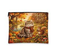 Fall Siberian Cats Makeup Bag, Holiday Funny Forest Cosmetic Travel Pouch for Women, Portable Small Canvas Zipper Organizer, Autumn Toiletry Bag 7x9 Inch