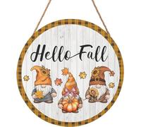 Fall Sign for House,Hello Fall Gnome for Front Door Rustic Autumn Home Office Farmhouse Yard Garden Synthetic Round Wood Sign 12 x 12 inch