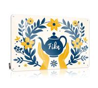 Fall Simple Posters - Two Hands Holding A Teapot With "fika" Written On It, Surrounded By Flowers. Rustic Wall Art Soft Area Easy Hang For Restaurant(20X30CM)