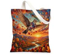Fall Skylark Bird Canvas Tote Bag for Shopping 13 * 15, Holiday Patriotic Maple Reusable Grocery Shoulder Cloth Bag for Women, Autumn Painting Gift Decoration