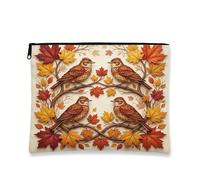 Fall Skylark Bird Makeup Bag, Holiday Novelty Maple Leaf Cosmetic Travel Pouch for Women, Portable Small Canvas Zipper Organizer, Autumn Toiletry Bag 7x9 Inch