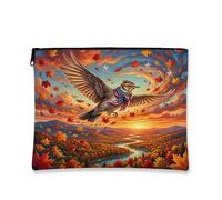 Fall Skylark Bird Makeup Bag, Holiday Patriotic Maple Cosmetic Travel Pouch for Women, Portable Small Canvas Zipper Organizer, Autumn Toiletry Bag 7x9 Inch