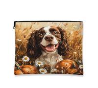 Fall Springer Spaniel Dog Makeup Bag 7x9 Inch for Travel Pouch, Country Autumn Pumpkin Toiletry Cosmetic Pouch for Women, Oil Painting Fields Portable Canvas Zipper Organizer