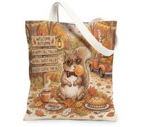 Fall Squirrel Canvas Tote Bag for Shopping 13x15, Autumn Camping Truck Scenic Reusable Grocery Print Bag for Women, Holiday Beach Aesthetic Painting Gift Decor