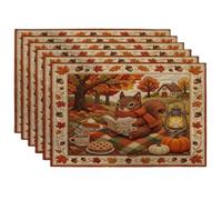 Fall Squirrel Placemats Set of 6, 12x18 Inch, Autumn Quilted Style Camping 6Pcs Soft Table Mats for Dinning, Country Pattern Holiday Home Kitchen Decor
