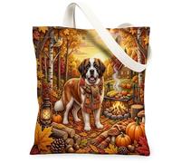Fall St. Bernard Dog Canvas Tote Bag for Shopping 13 * 15, Camping Barbecue Reusable Grocery Shoulder Bag for Women, Autumn Painting Gift Decor