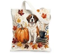Fall St. Bernard Dog Canvas Tote Bag for Shopping 13 * 15, Holiday Maple Coffee Reusable Grocery Shoulder Bag for Women, Autumn Painting Gift Decor