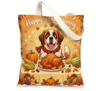 Fall St. Bernard Dog Canvas Tote Bag for Shopping 13 * 15, Thanksgiving Harvest Reusable Grocery Shoulder Bag for Women, Funny Painting Gift Decor