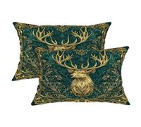 Fall Stag Throw Pillow Covers Set of 2, Dark Green Golden Deer Decorative Cushion Cases, Baroque Farmhouse Seasonal Sofa Couch Home Decor 20x12 Inch