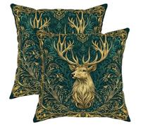 Fall Stag Throw Pillow Covers Set of 2, Dark Green Golden Deer Decorative Cushion Cases, Baroque Farmhouse Seasonal Sofa Couch Home Decor 12x12 Inch