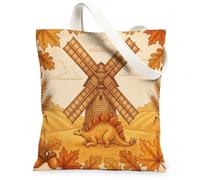 Fall Stegosaurus Canvas Tote Bag for Shopping 13 * 15, Holiday Vintage Windmill Reusable Grocery Shoulder Cloth Bag for Women, Dinosaur Painting Gift Decoration