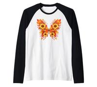 Fall Sunflower Butterfly Autumn Floral Leaves Design Raglan Baseball Tee