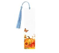 Fall Sunflowers Leaf Double-Sided Print Fall Sunflowers Leaf Bookmarks Wooden Book Marks with Sky Blue Tassel, Pumpkins Butterfly Lightweight Page Markers Reading Accessories