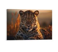 Fall Sunset Wall Decor Poster, Leopard in The Grass Framed Canvas Wall Art for Bathroom Kid's Room, Funny Autumn Forest Artworks, Thanks Giving Gifts, 28x43CM