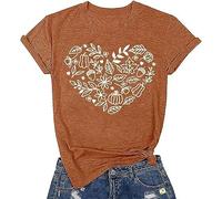 Fall T-Shirt for Women Boho Floral Pumpkin Fall Vibes Halloween Thanksgiving Tops Cute Autumn Thankful Pumpkin Graphic Tees, Heart, L